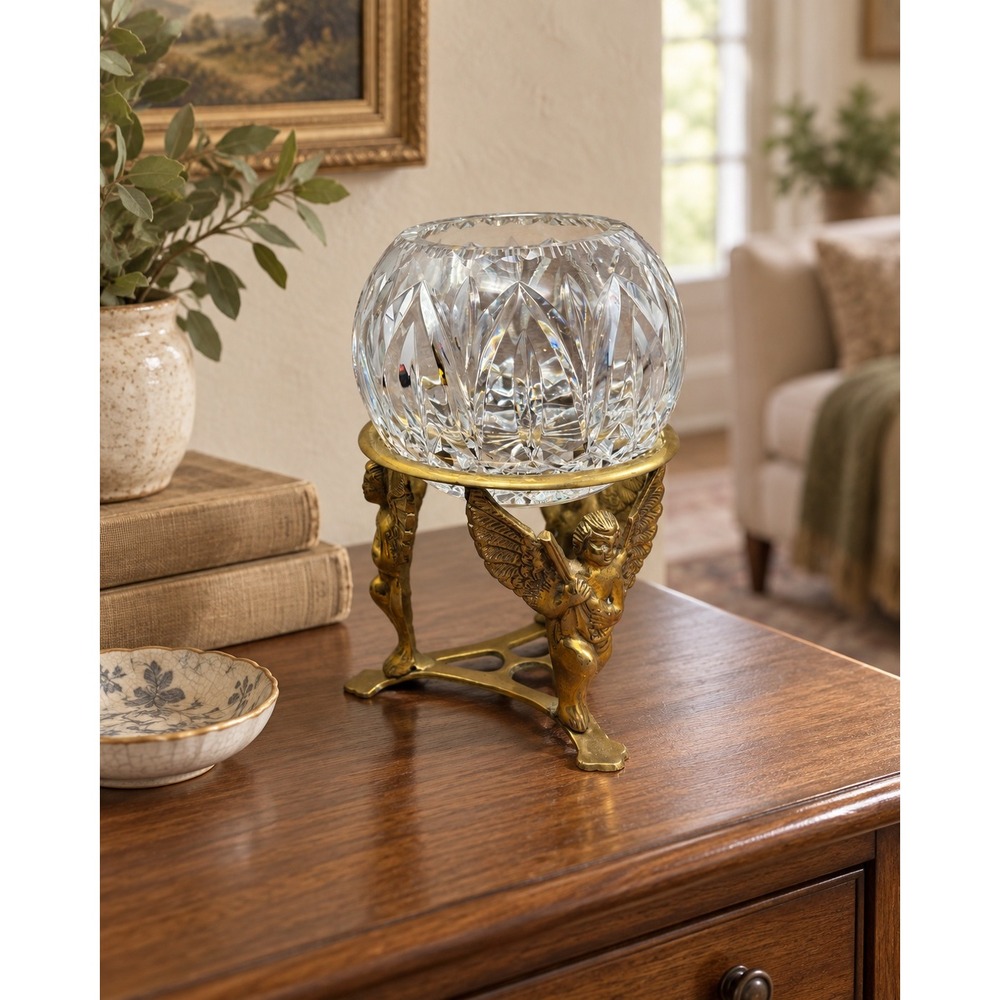 Vintage Crystal Rose Bowl Brass Cherub Angel Stand Gold Clear Ornate Decor